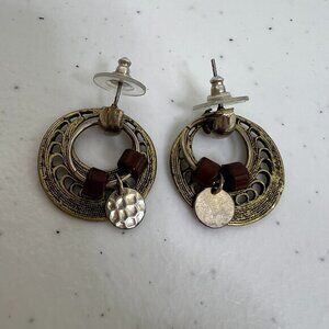 Brown Dangle Earrings Hippie Boho Jewelry Tribal Ethnic Circle‎ Gold Tone Dangle